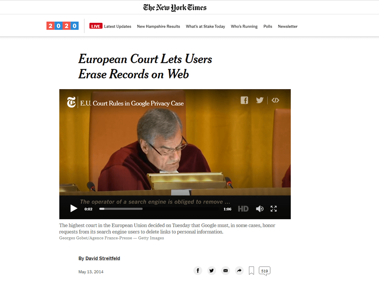 New York Times article after Google vs AEPD ruling on May 13, 2014