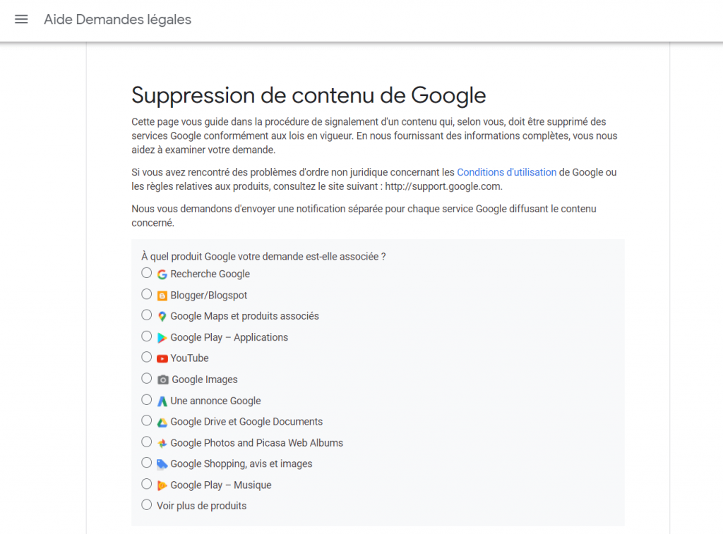 sélectionnez le service google pour la demande d'oubli