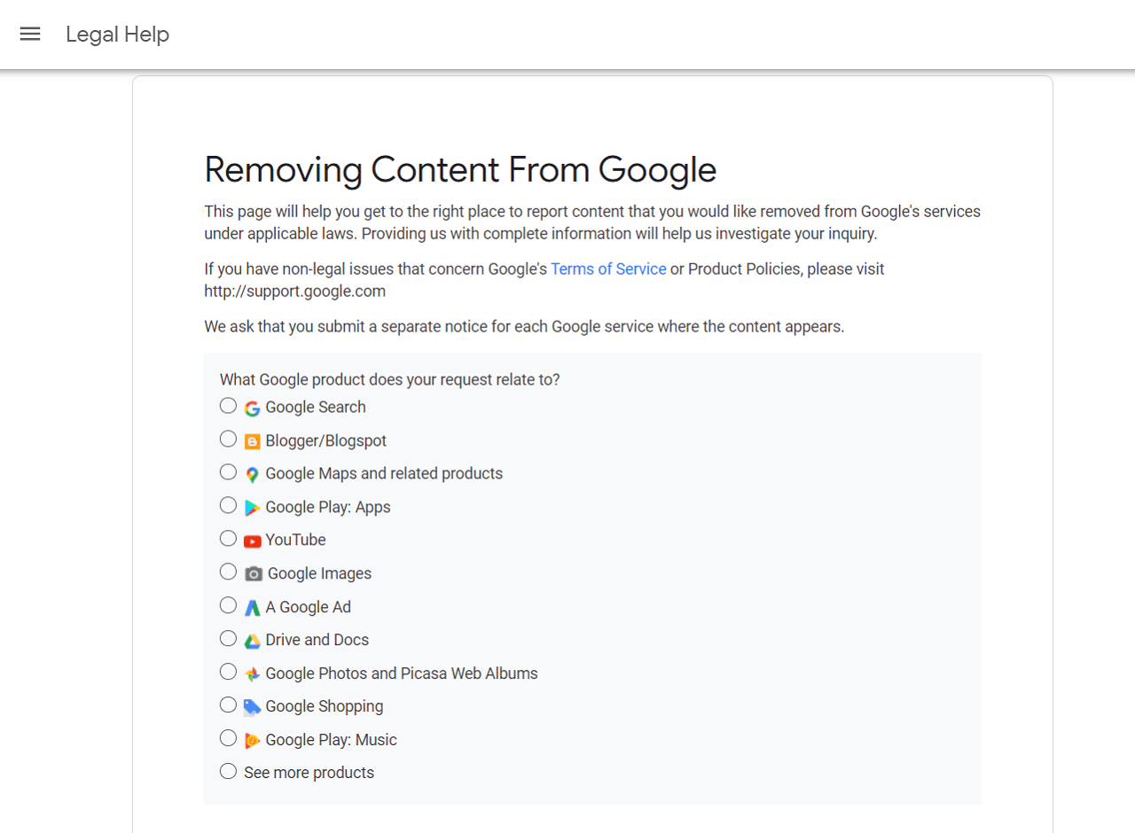 select the google service for the right to be forgotten request
