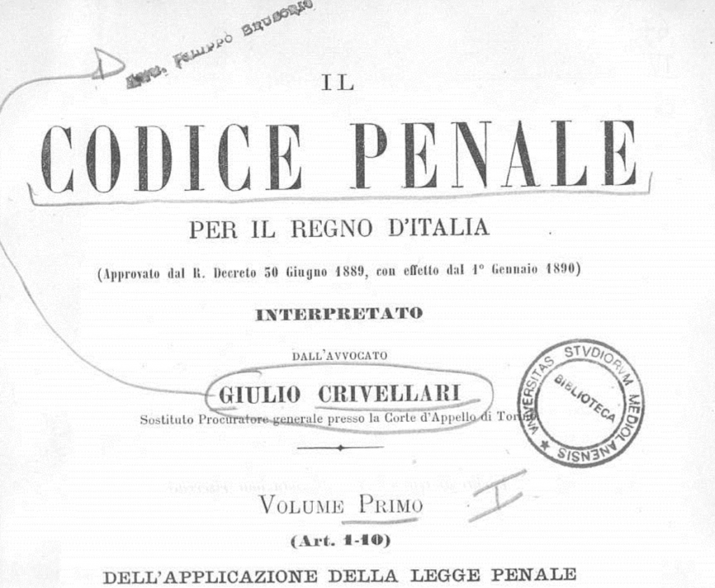 Copertina del primo Codice Penale italiano, approvato il 30 giugno 1889